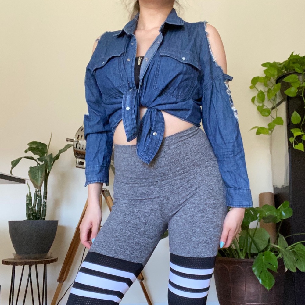 Denim Blue Lightweight Distressed Button Up Shirt